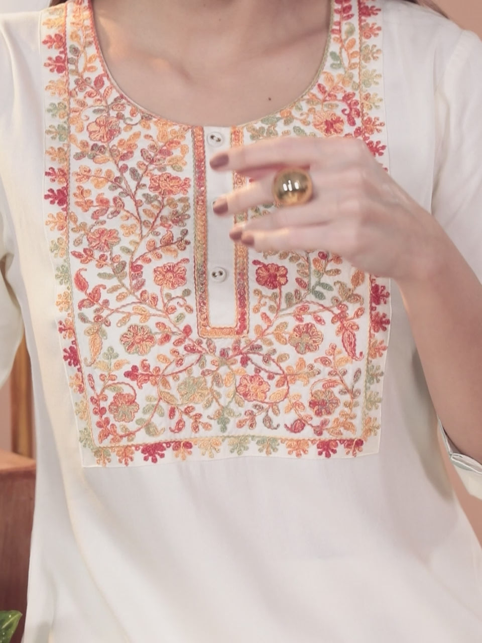  Cream Yoke Design Wool Straight Kurta 