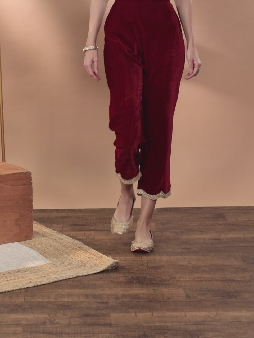  Maroon Solid Velvet Trousers 