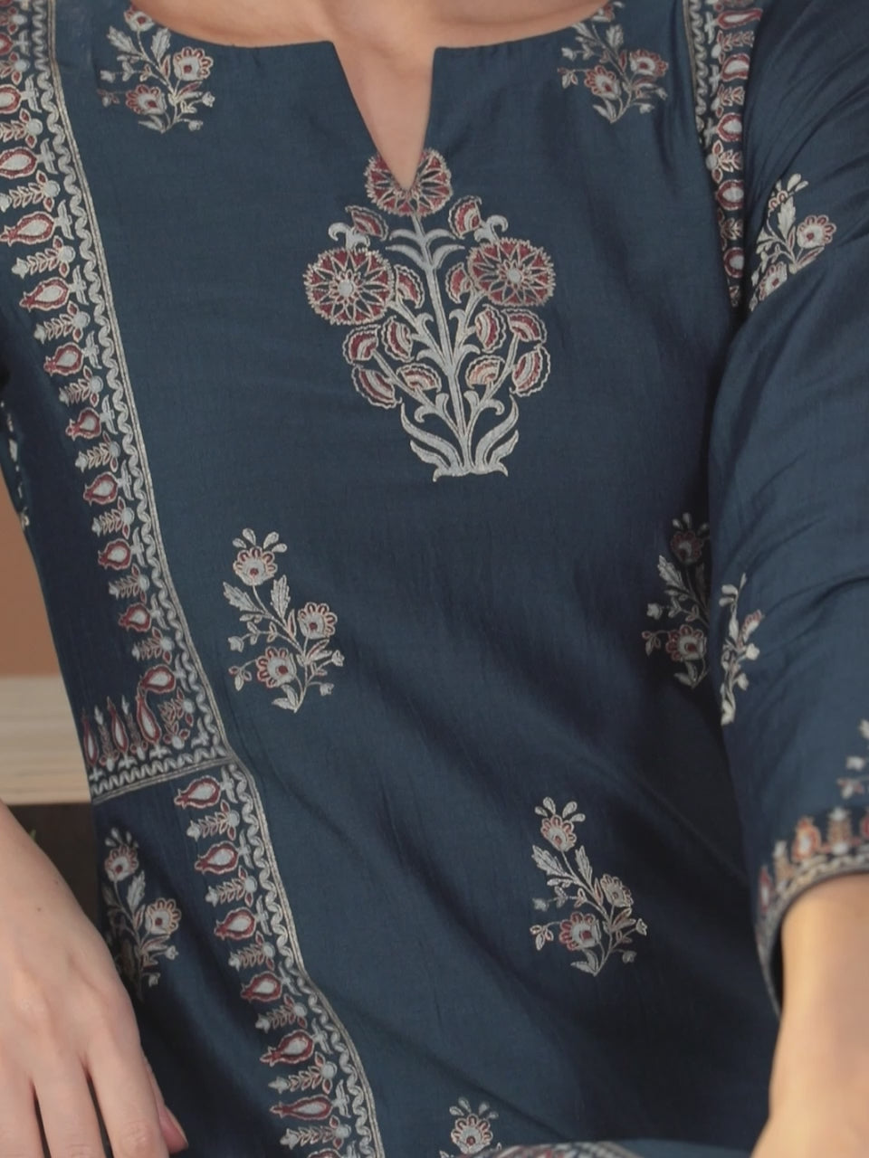  Blue Printed Silk Blend Straight Kurta With Dupatta 