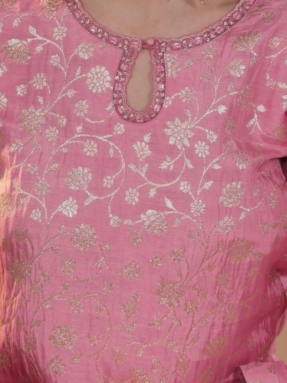  Pink Woven Design Silk Blend Straight Kurta With Palazzos & Dupatta 