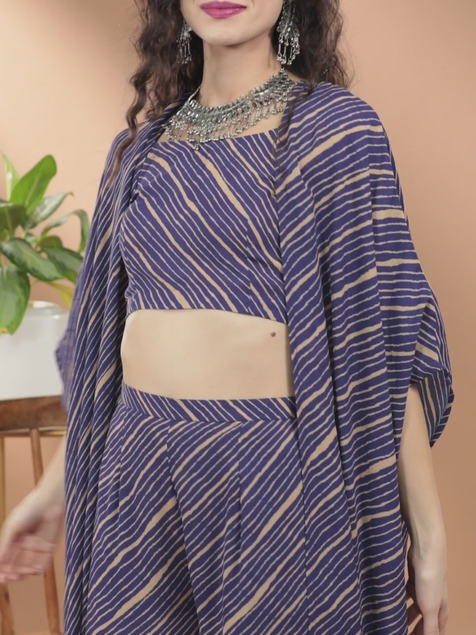Purple Striped Georgette Top With Palazzos & Shrug
