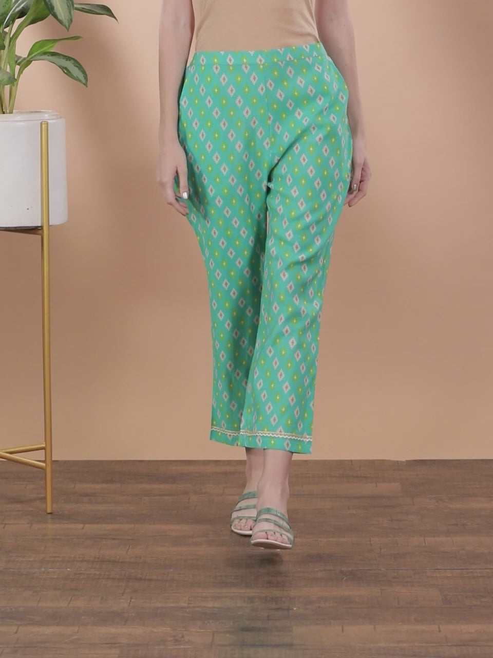  Green Printed Silk Trousers 