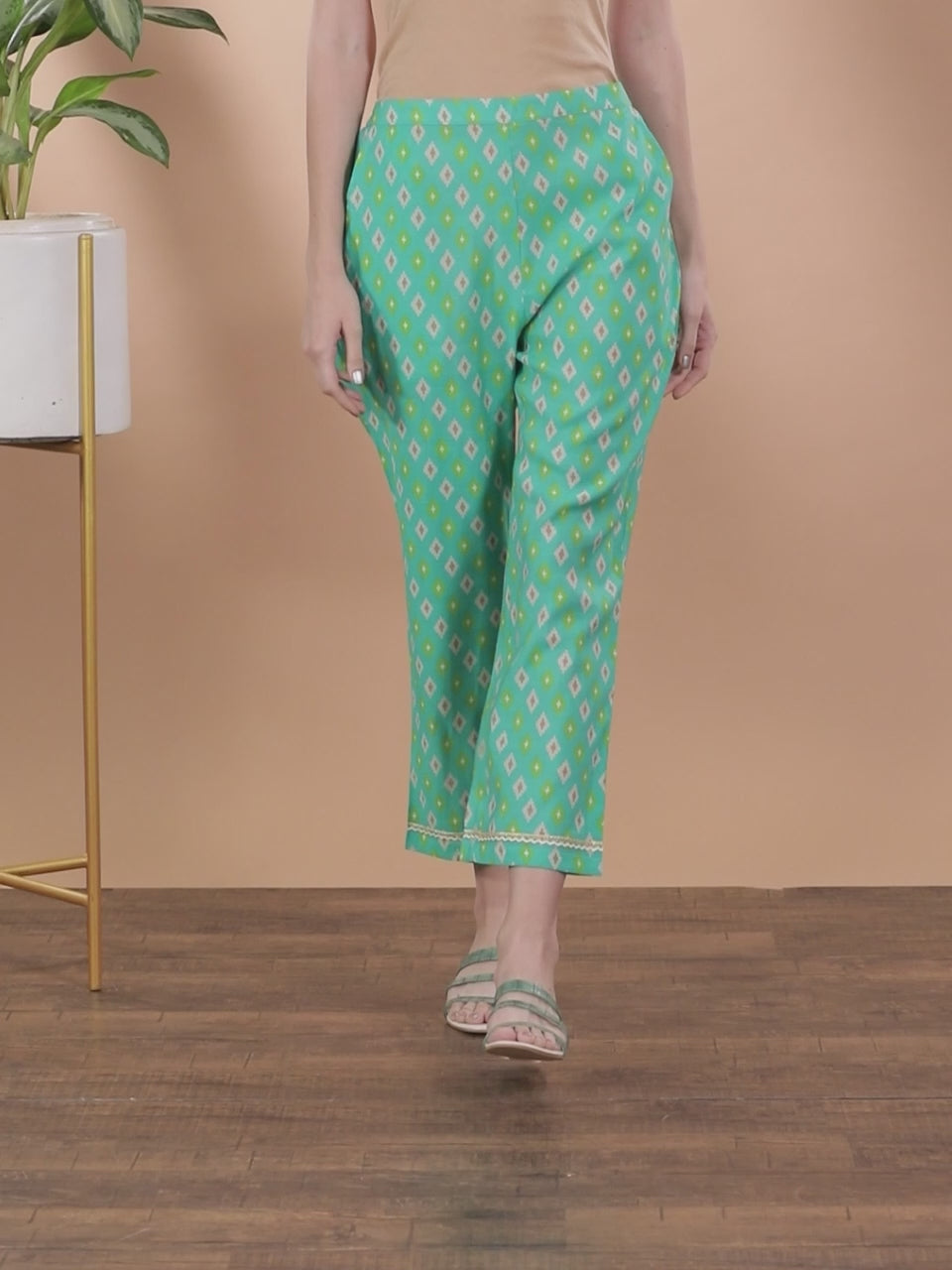 Green Printed Silk Trousers