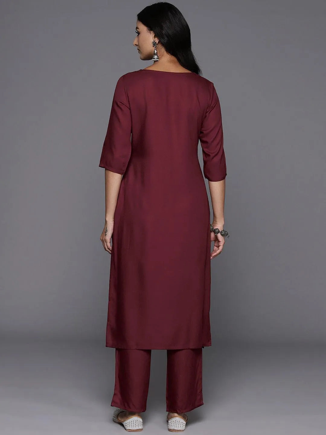 Maroon Yoke Design Wool Blend Straight Kurta With Trousers - Libas 