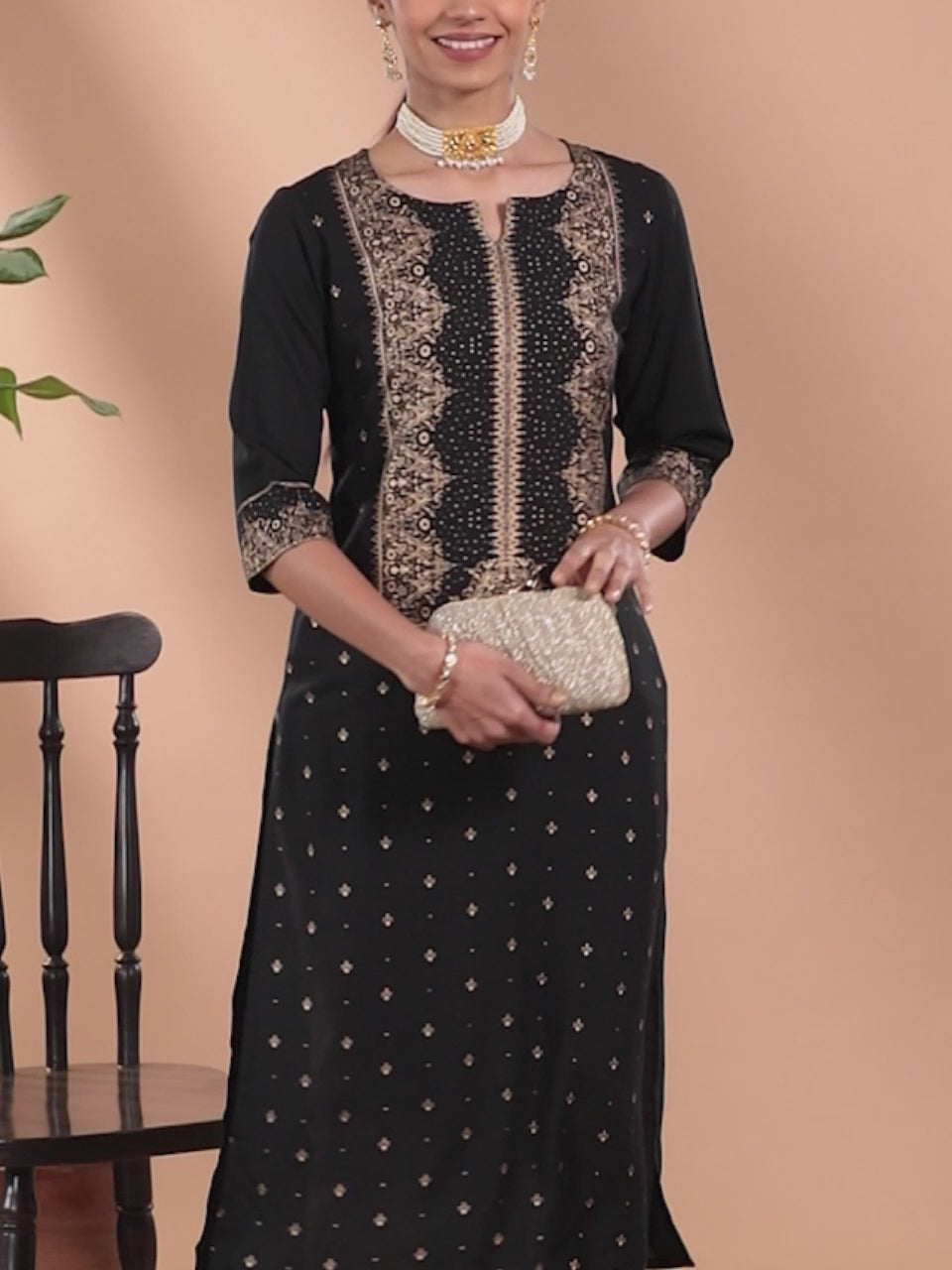 Black Printed Rayon Kurta