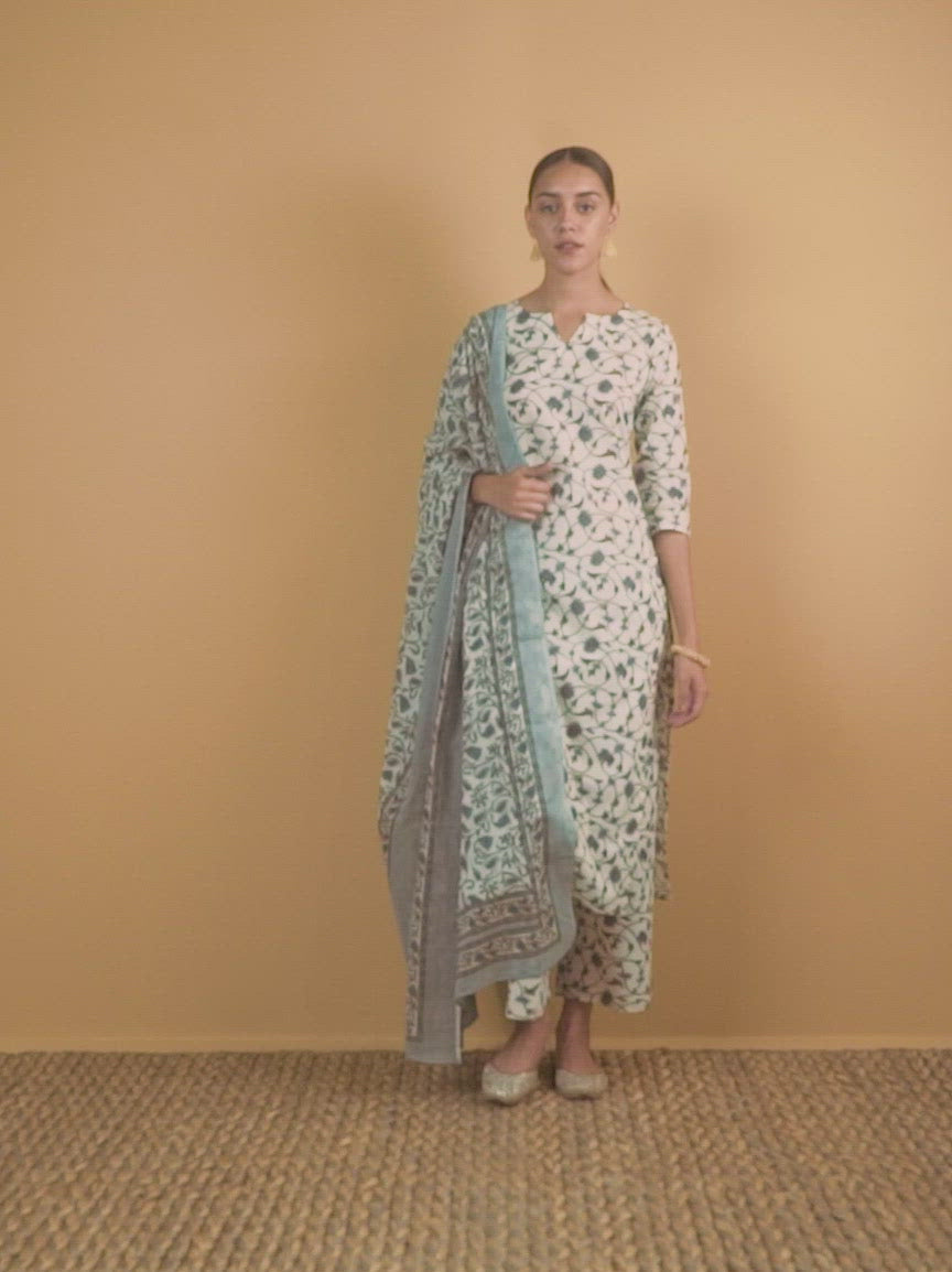 Off-White Printed Cotton Straight Kurta With Palazzos & Dupatta