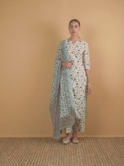 Off-White Printed Cotton Straight Kurta With Palazzos & Dupatta