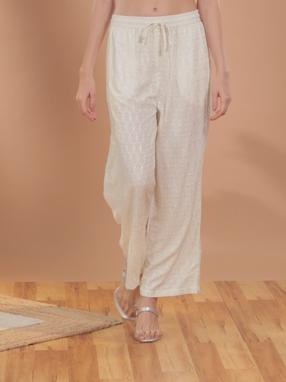  Cream Embroidered Rayon Palazzos 