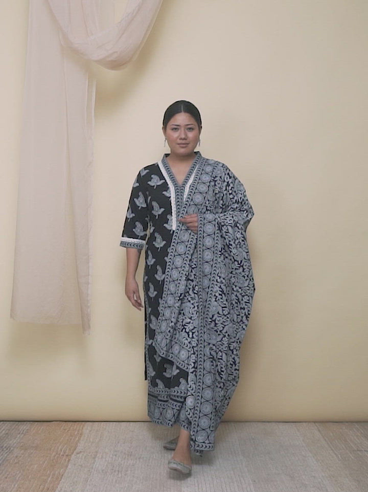 Plus Size Black Printed Cotton Straight Kurta With Palazzos & Dupatta