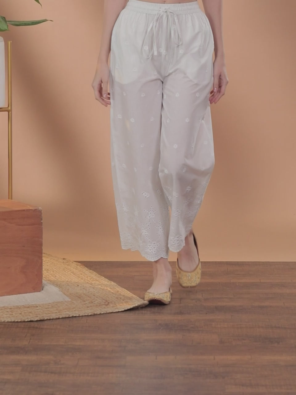  White Embroidered Cotton Palazzos 