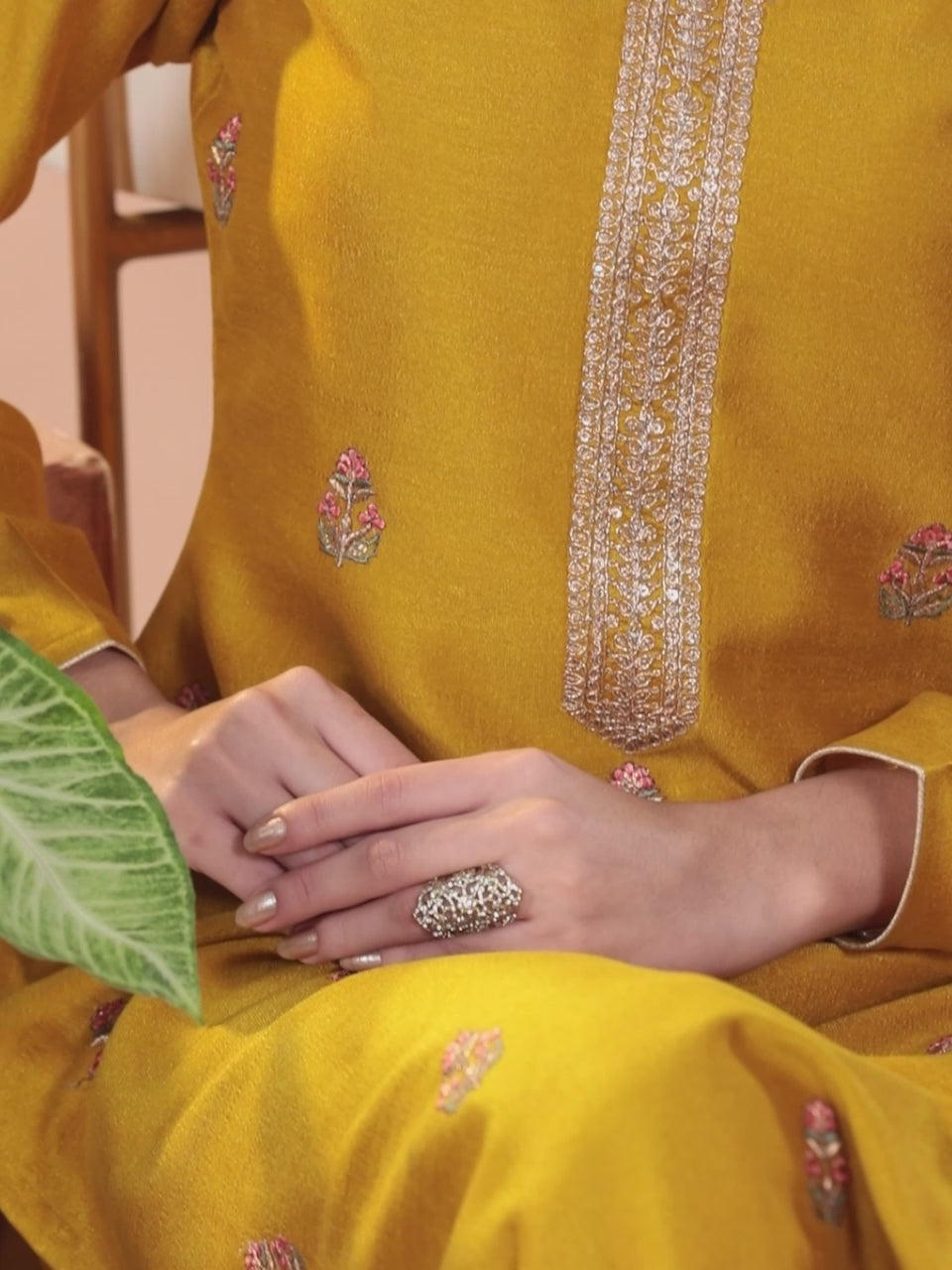  Mustard Embroidered Silk Straight Kurta 