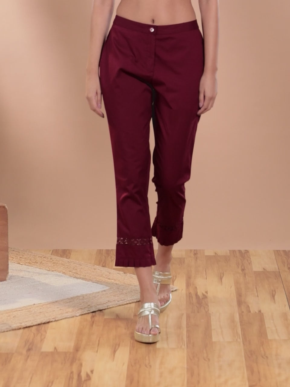 Maroon Solid Cotton Trousers