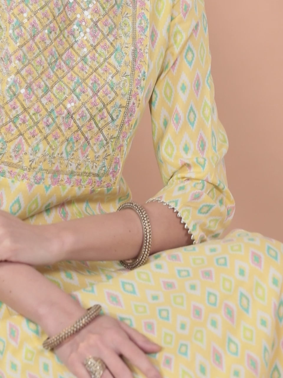  Yellow Printed Rayon A-Line Kurta 
