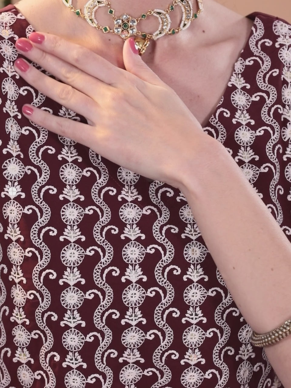  Burgundy Embroidered Georgette Straight Kurta With Dupatta 