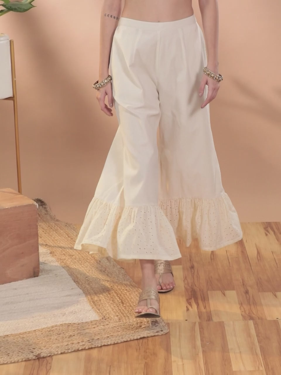  Cream Solid Cotton Palazzos 