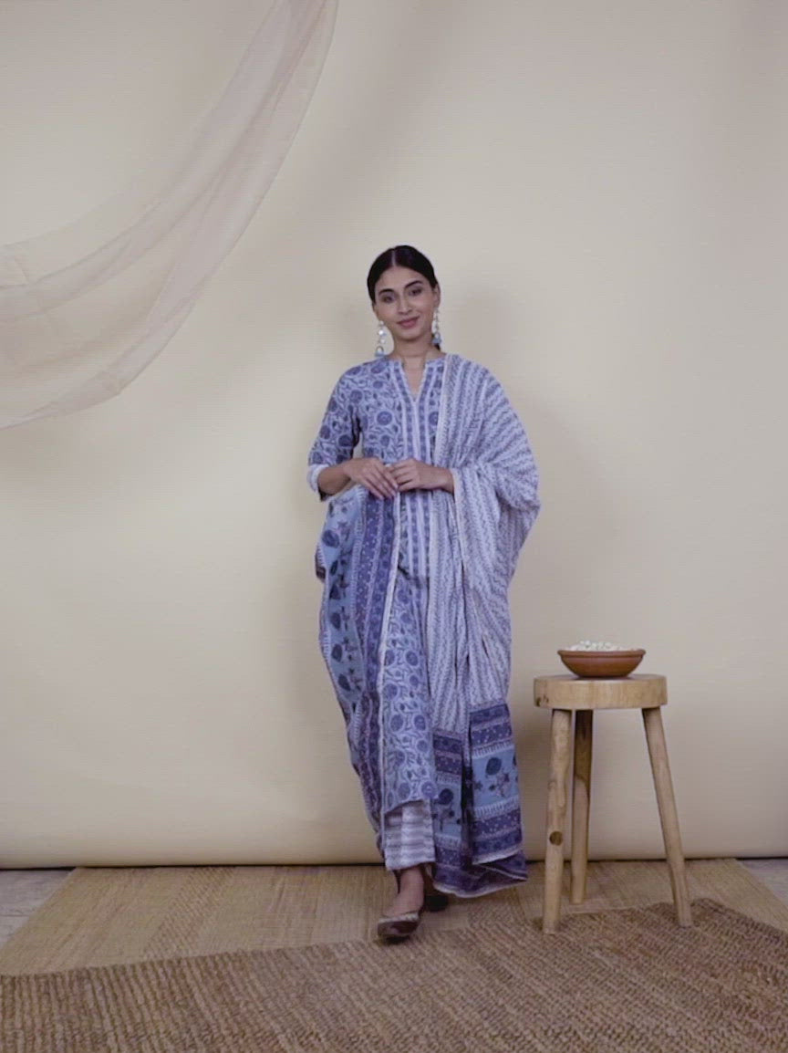 Blue Printed Cotton Straight Kurta With Palazzos & Dupatta