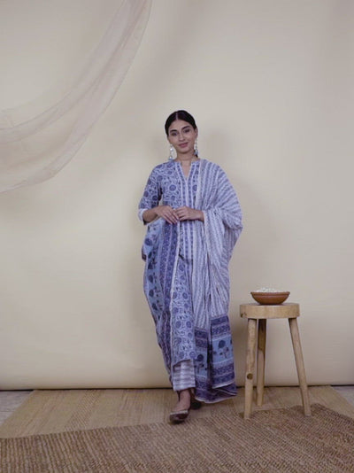 Blue Printed Cotton Straight Kurta With Palazzos & Dupatta