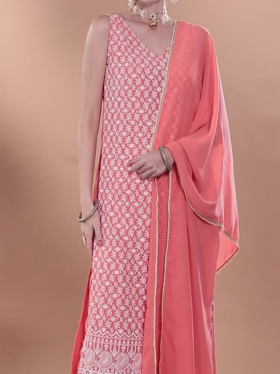  Coral Embroidered Georgette Straight Kurta With Dupatta 