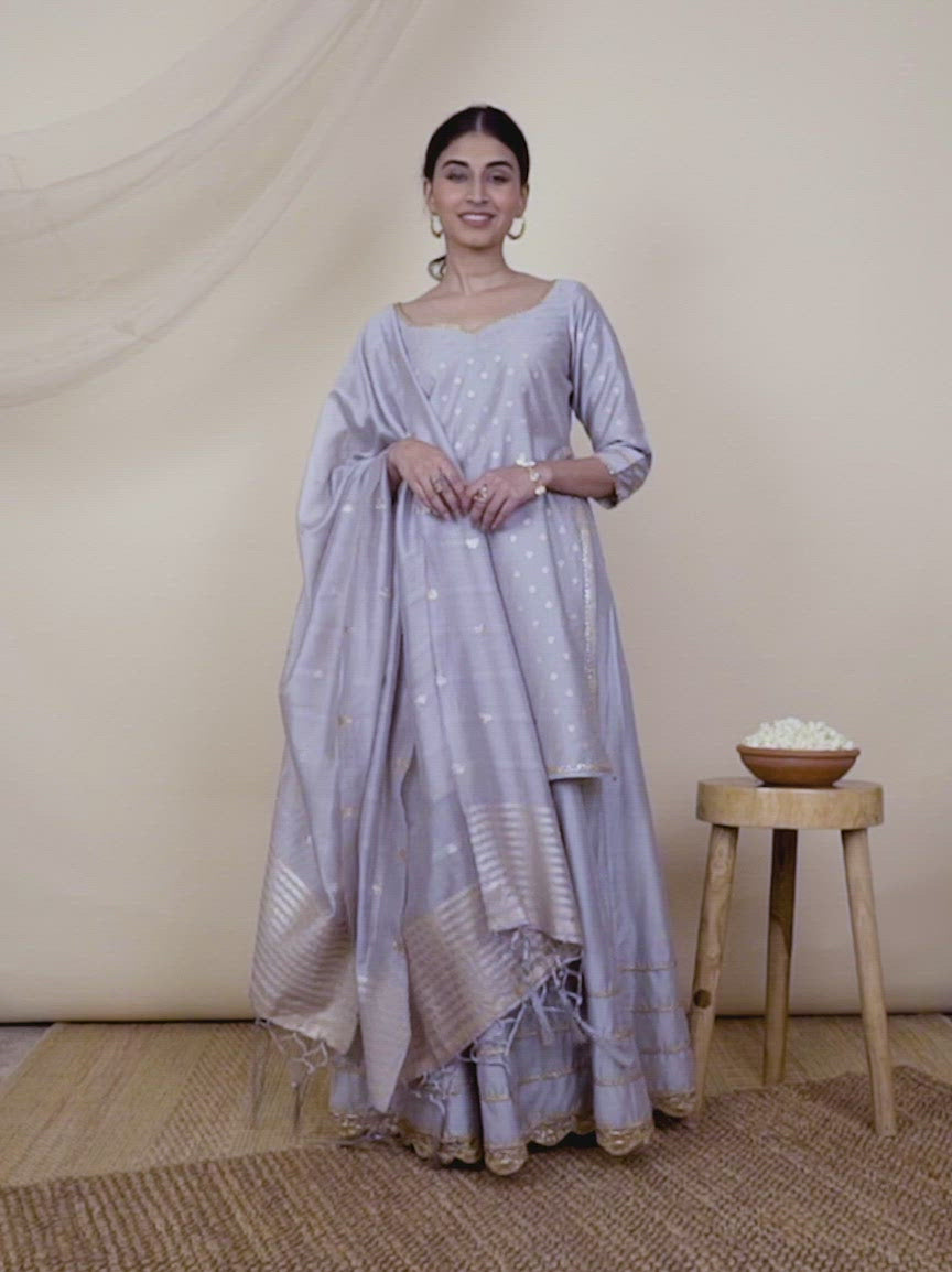 Grey Self Design Silk Straight Kurta With Skirt & Dupatta