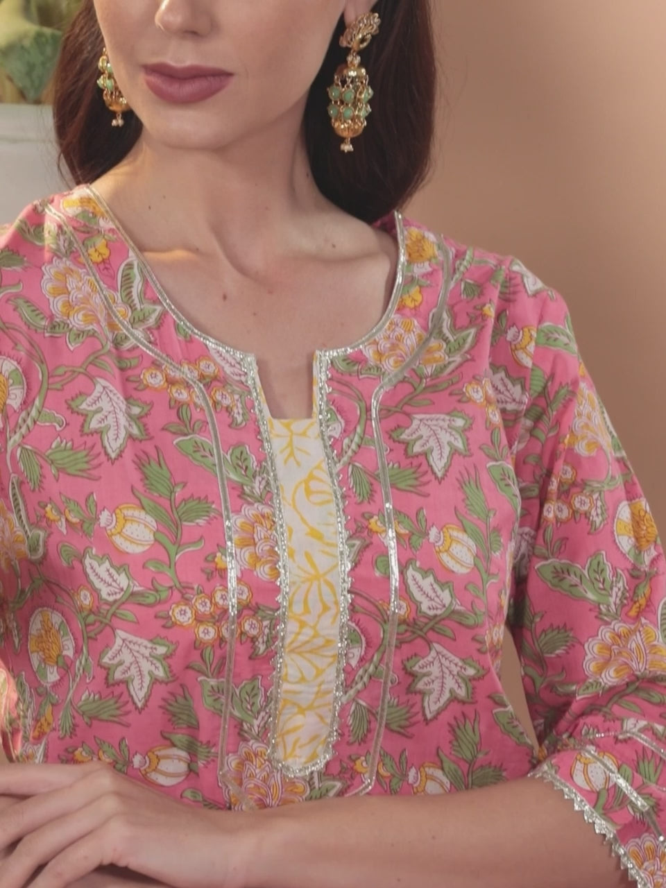  Pink Printed Cotton Straight Kurta With Palazzos & Dupatta 