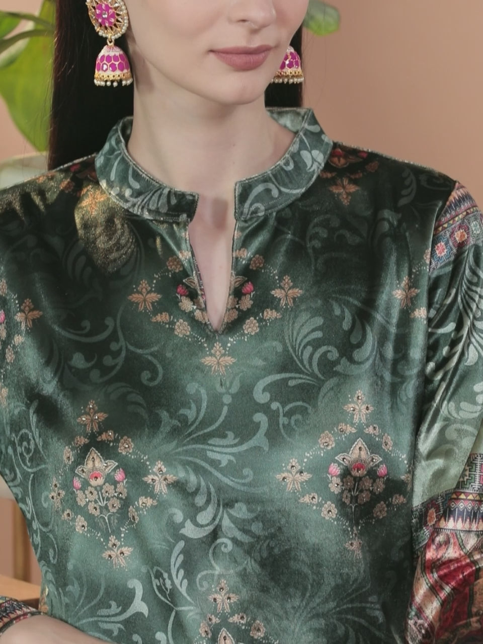 Green Printed Velvet Straight Kurta