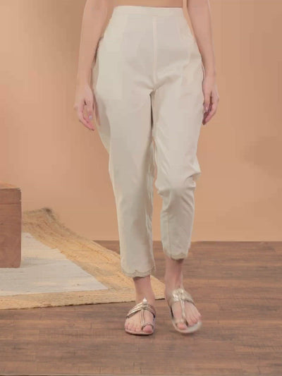 Off White Solid Cotton Trousers