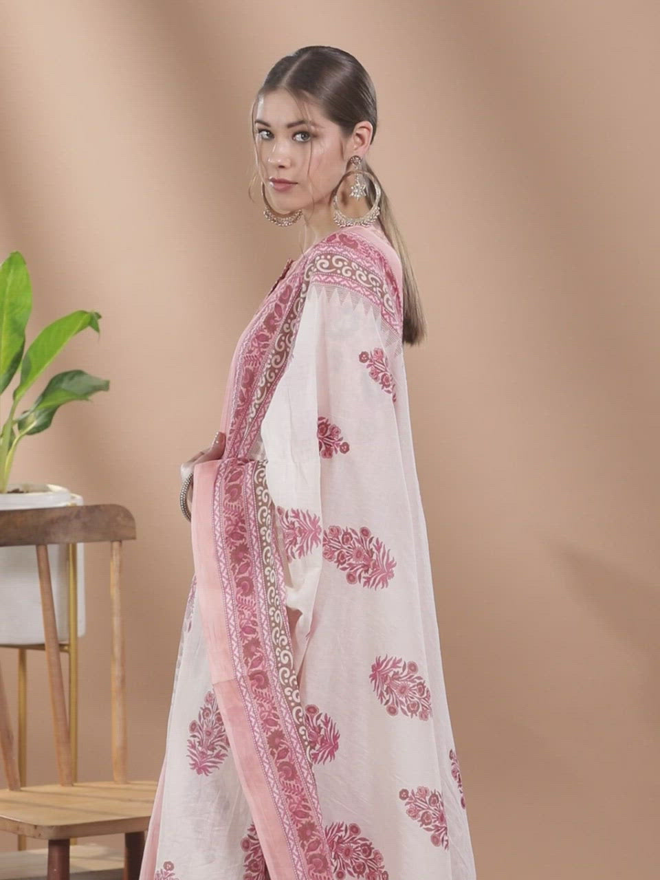 Peach Printed Cotton Straight Kurta With Salwar & Dupatta