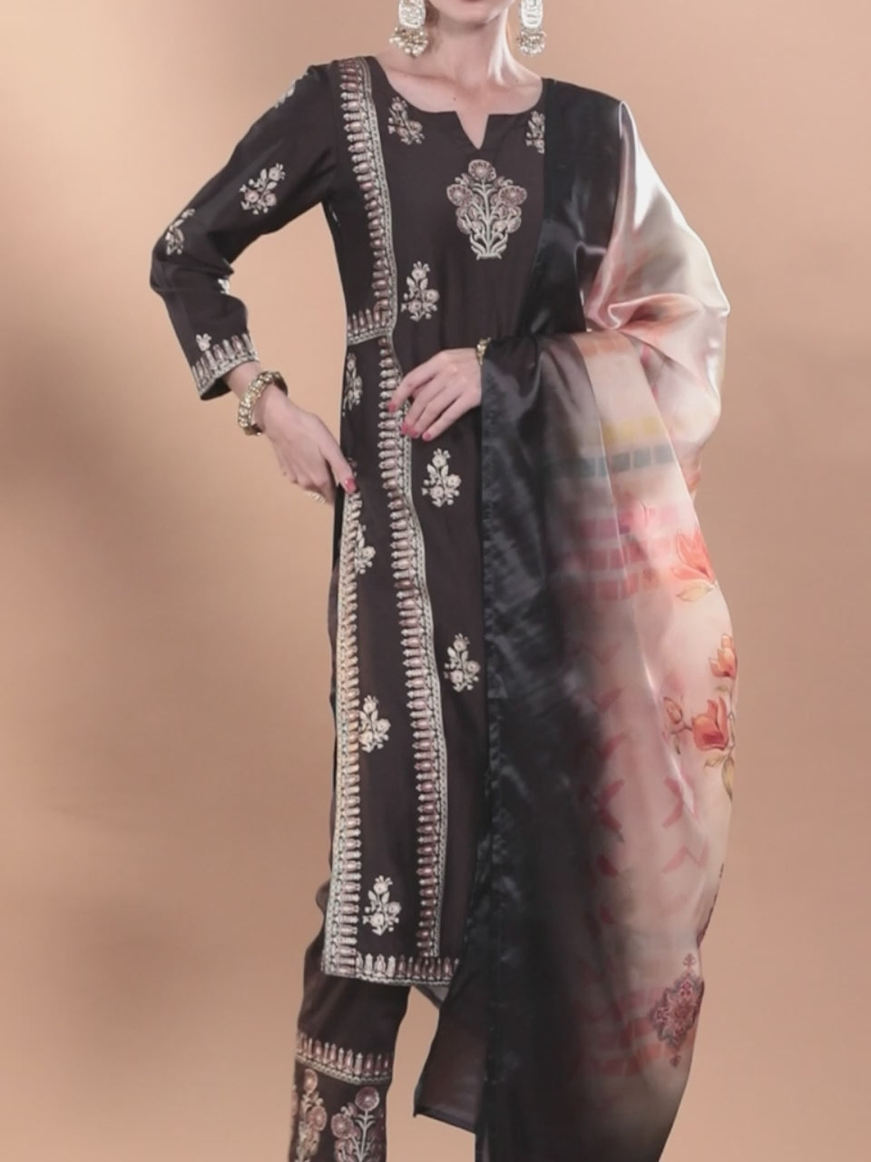 Charcoal Printed Silk Blend Straight Kurta With Dupatta