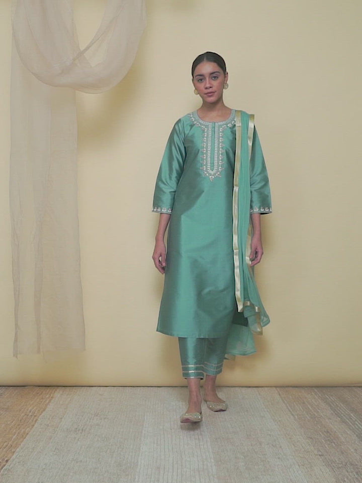 Grey Embroidered Silk Straight Kurta With Dupatta