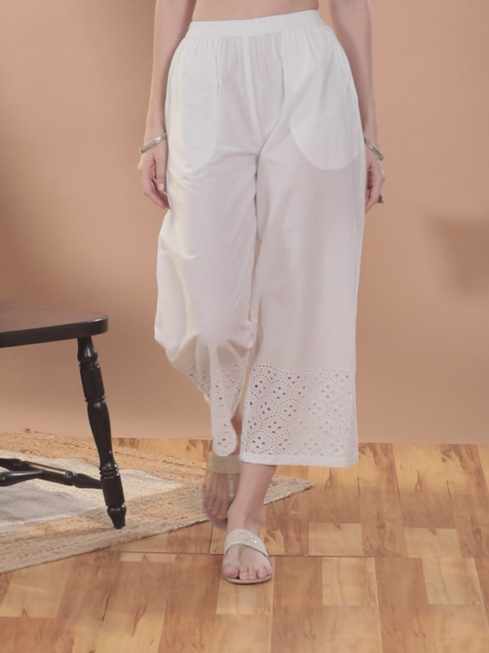  White Solid Cotton Palazzos 