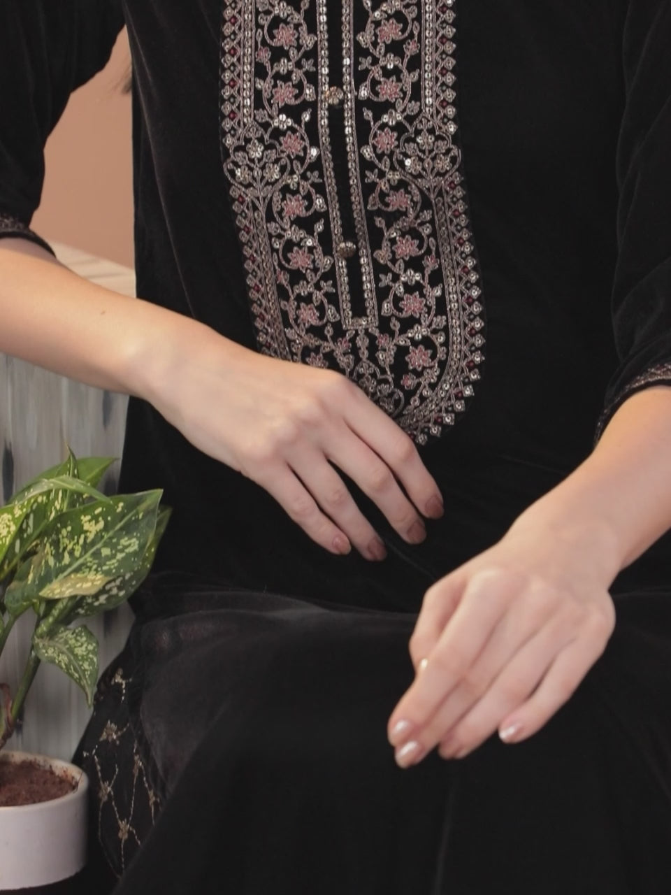  Black Yoke Design Velvet Straight Kurta With Dupatta 