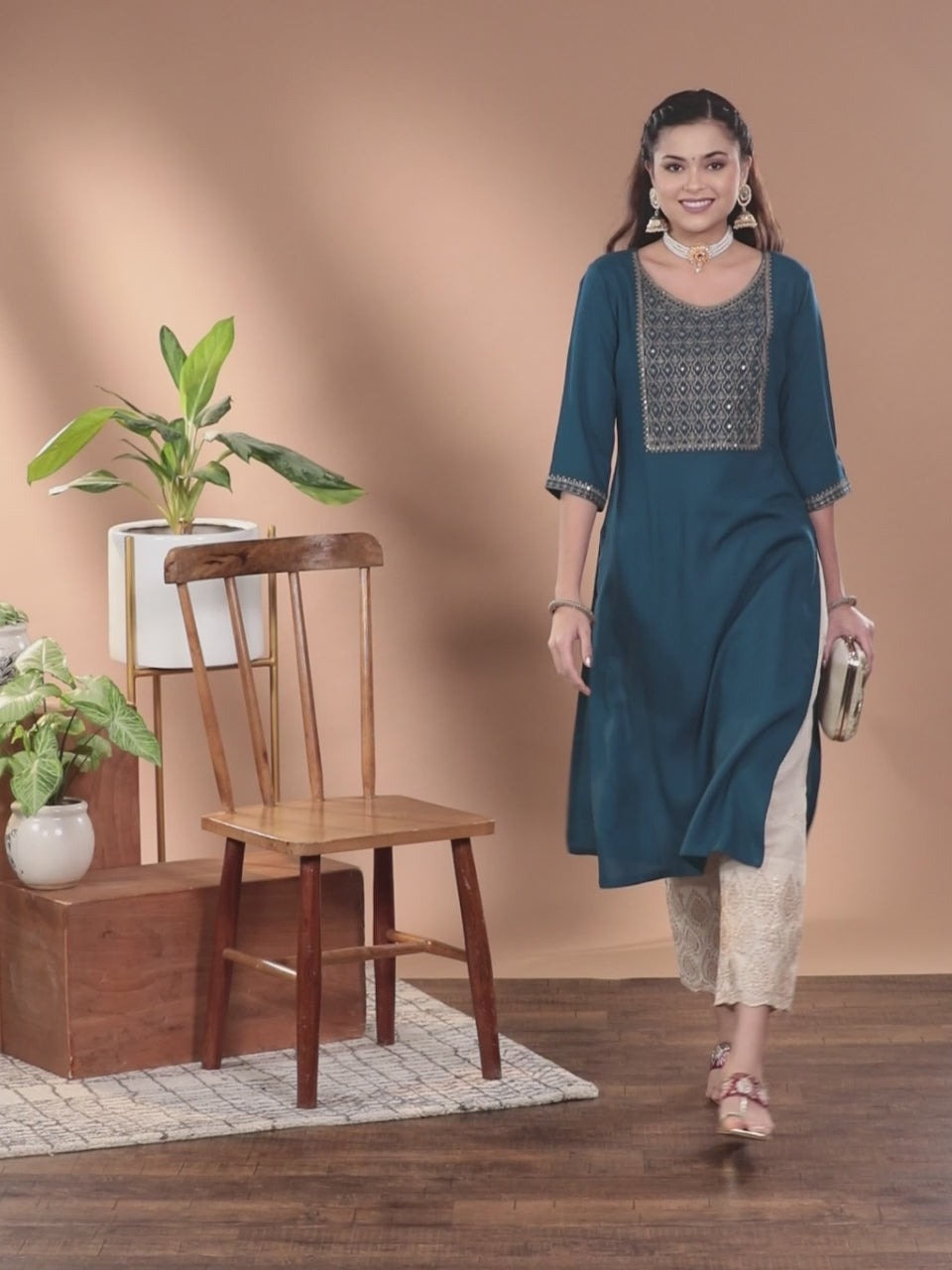  Teal Yoke Design Rayon Straight Kurta 