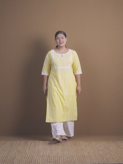 Plus Size Yellow Printed Cotton Kurta