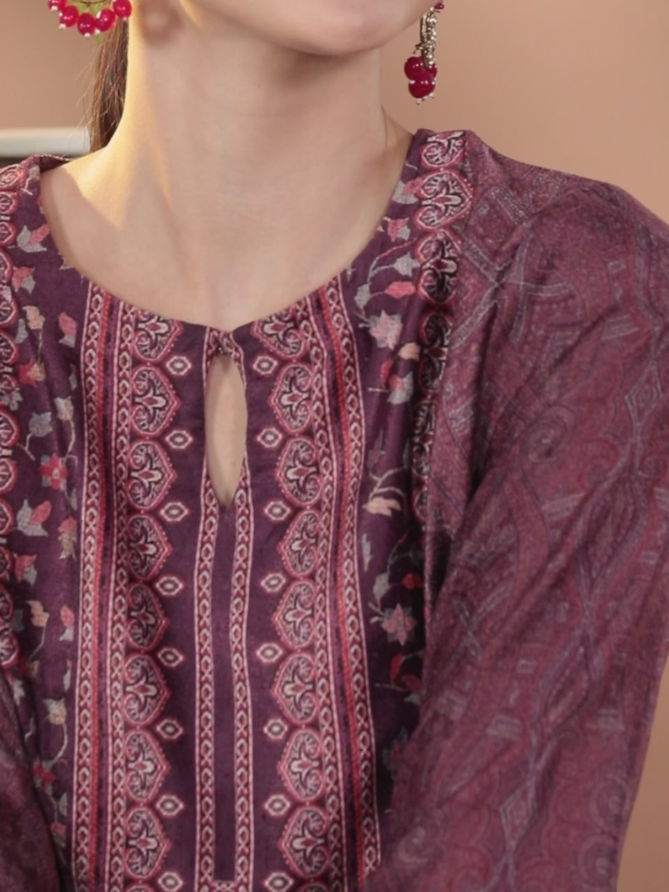  Burgundy Printed Velvet Straight Kurta 