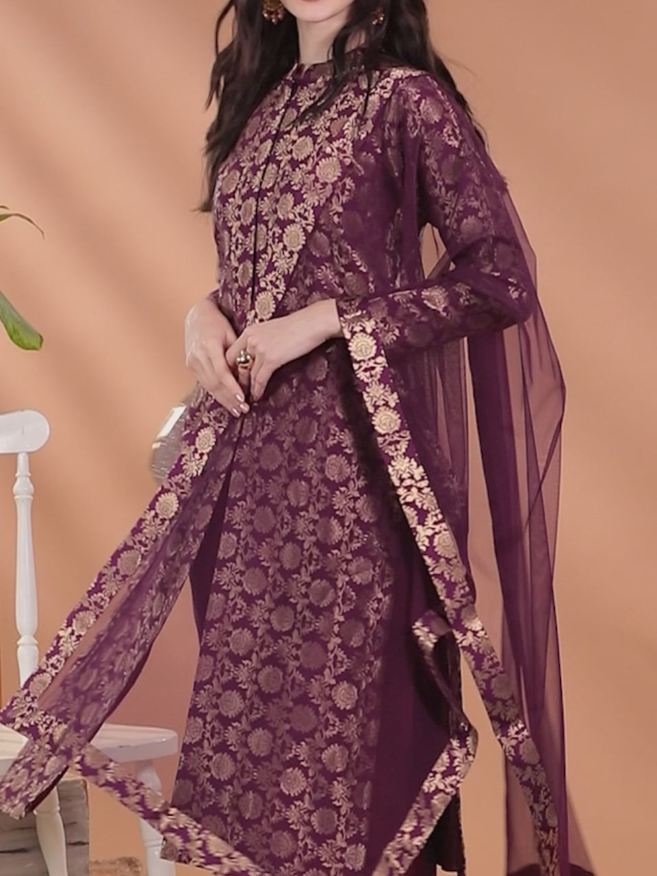 Purple Woven Design Silk Blend Straight Kurta With Dupatta