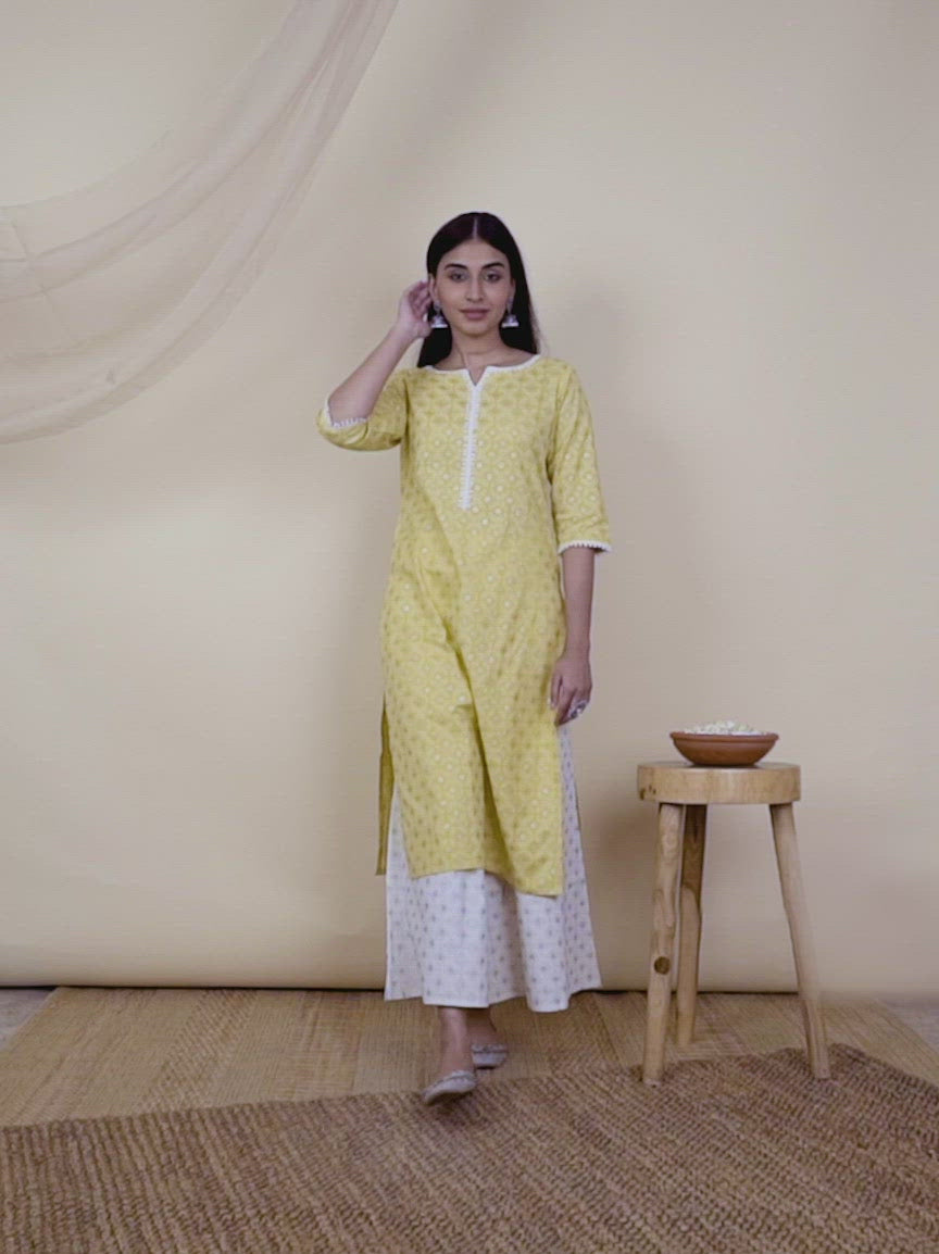 Yellow Printed Cotton Kurta