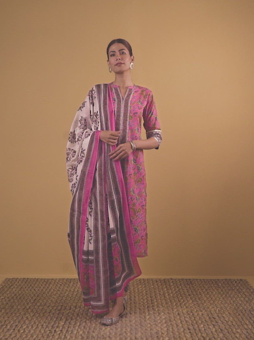  Pink Printed Cotton Straight Kurta With Palazzos & Dupatta 