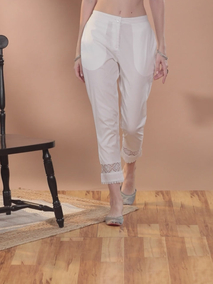 Off White Solid Cotton Trousers