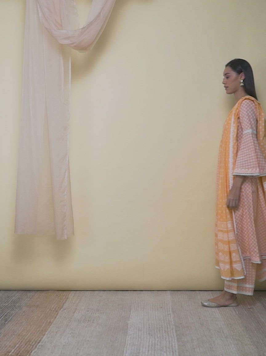  Peach Printed Cotton Anarkali Kurta With Palazzos & Dupatta 