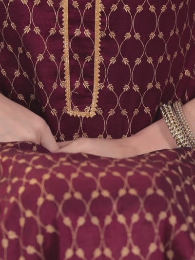 Burgundy Printed Silk Straight Kurta