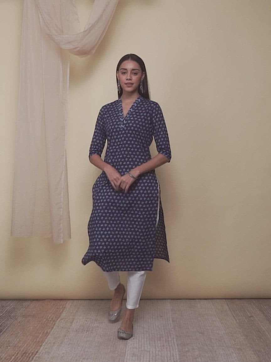  Indigo Printed Cotton Kurta 