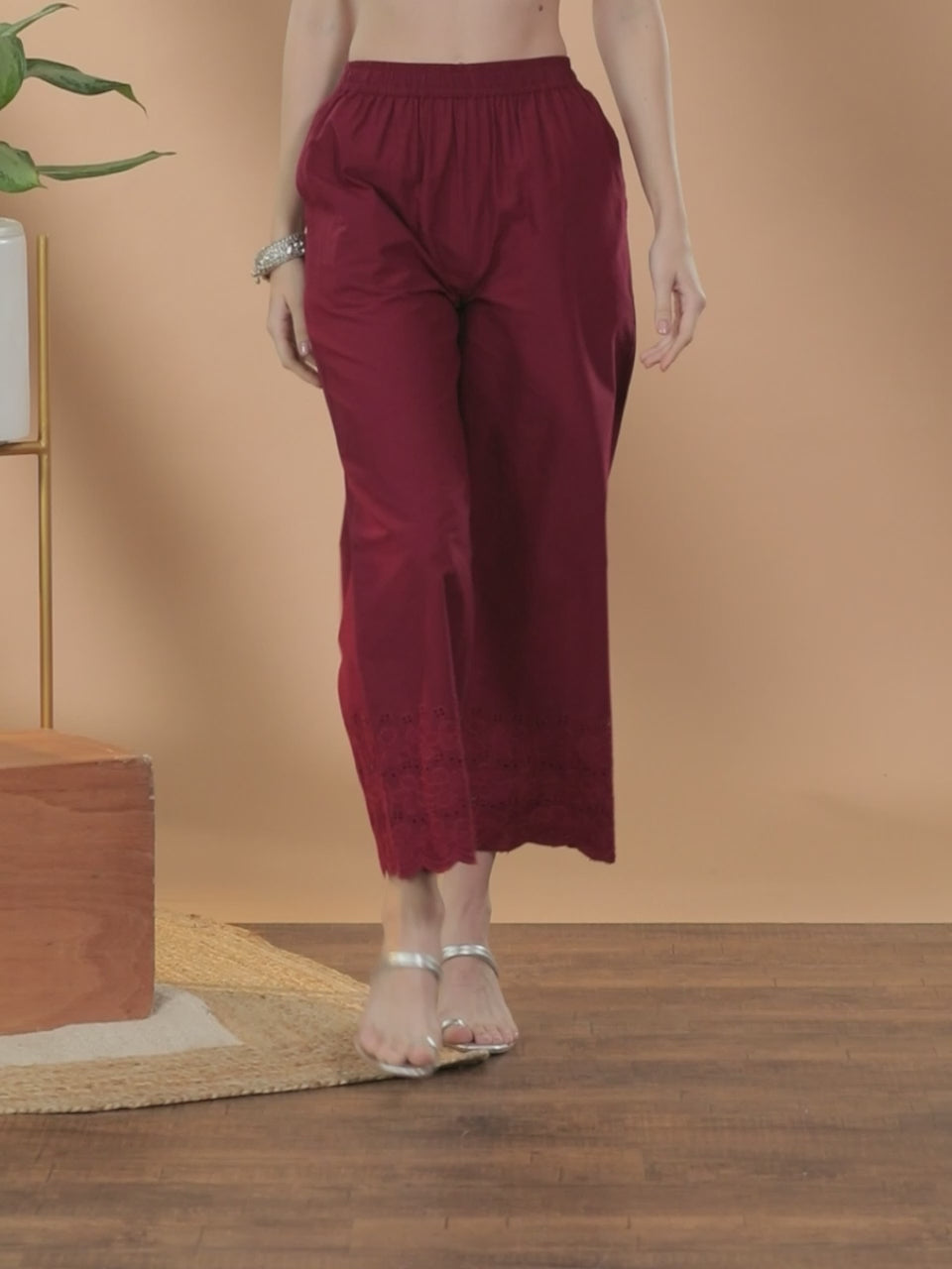  Maroon Solid Cotton Palazzos 