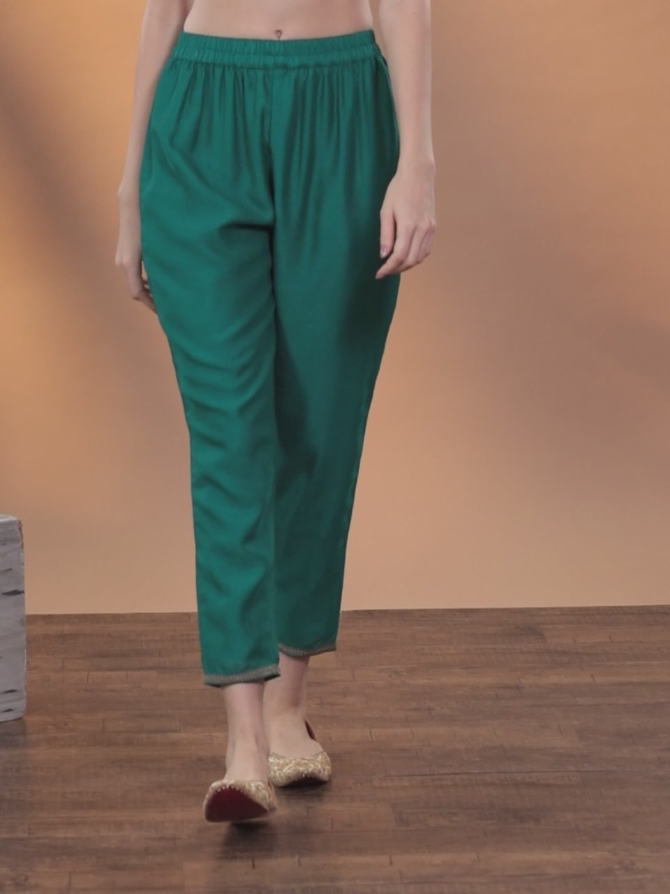  Green Solid Silk Trousers 