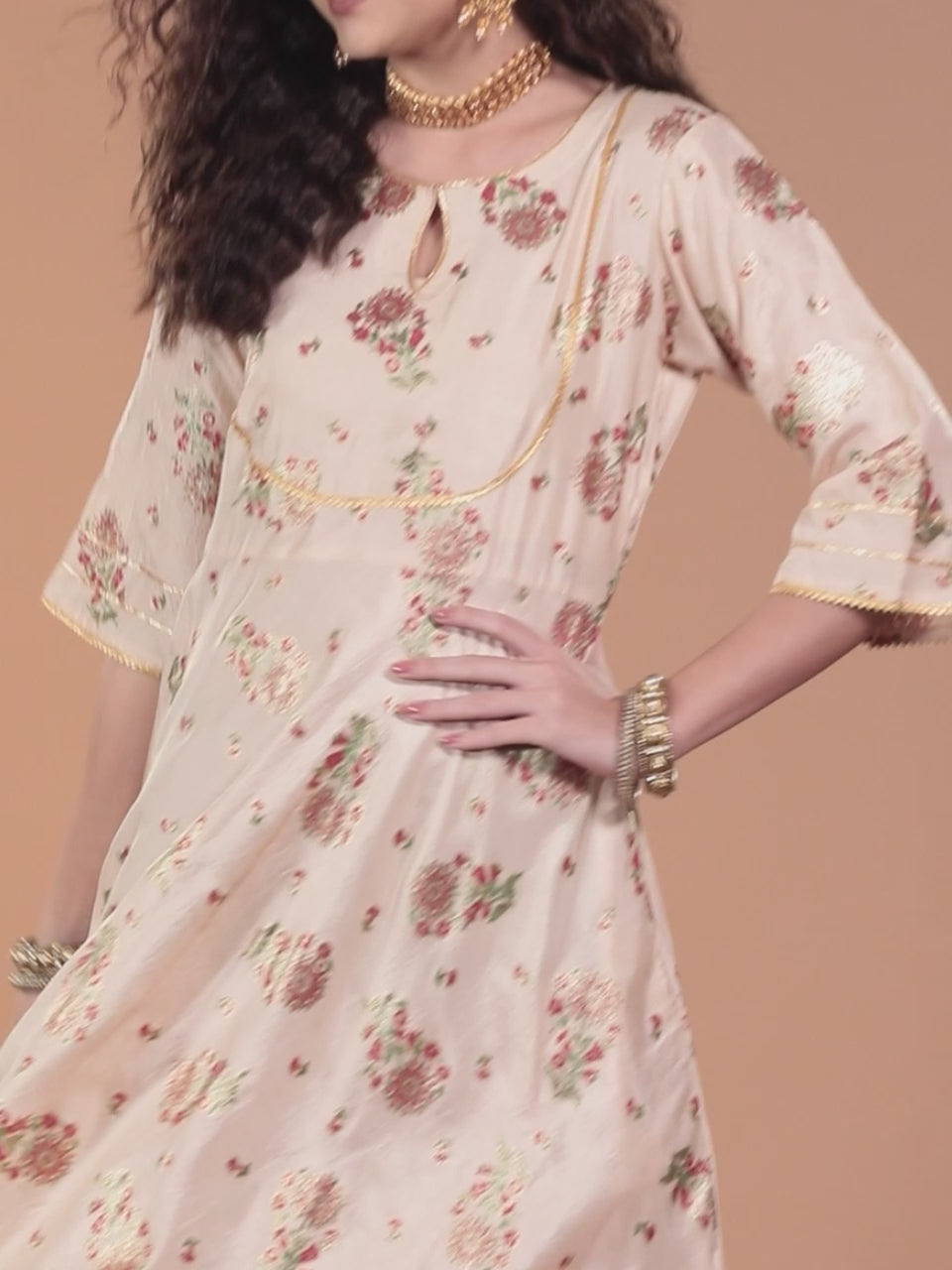  Beige Printed Silk Empire Dress 