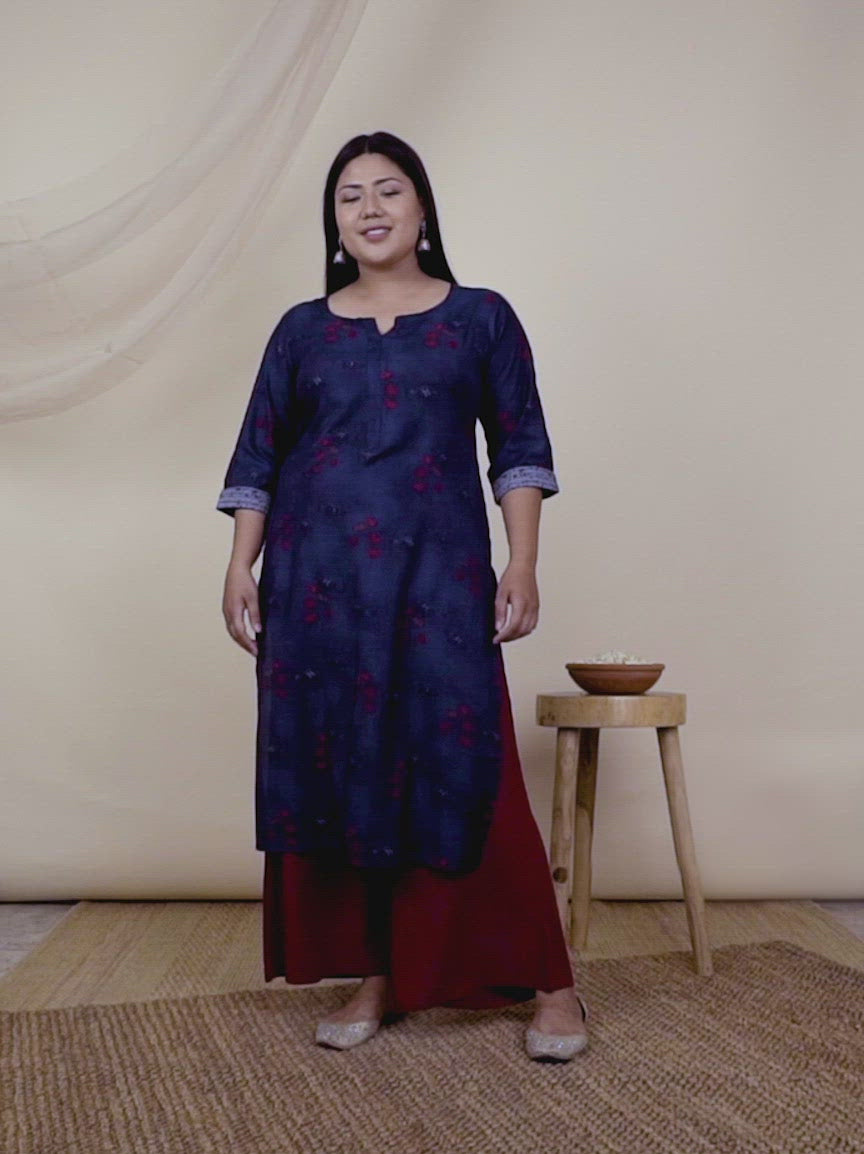  Plus Size Navy Blue Printed Rayon Kurta 