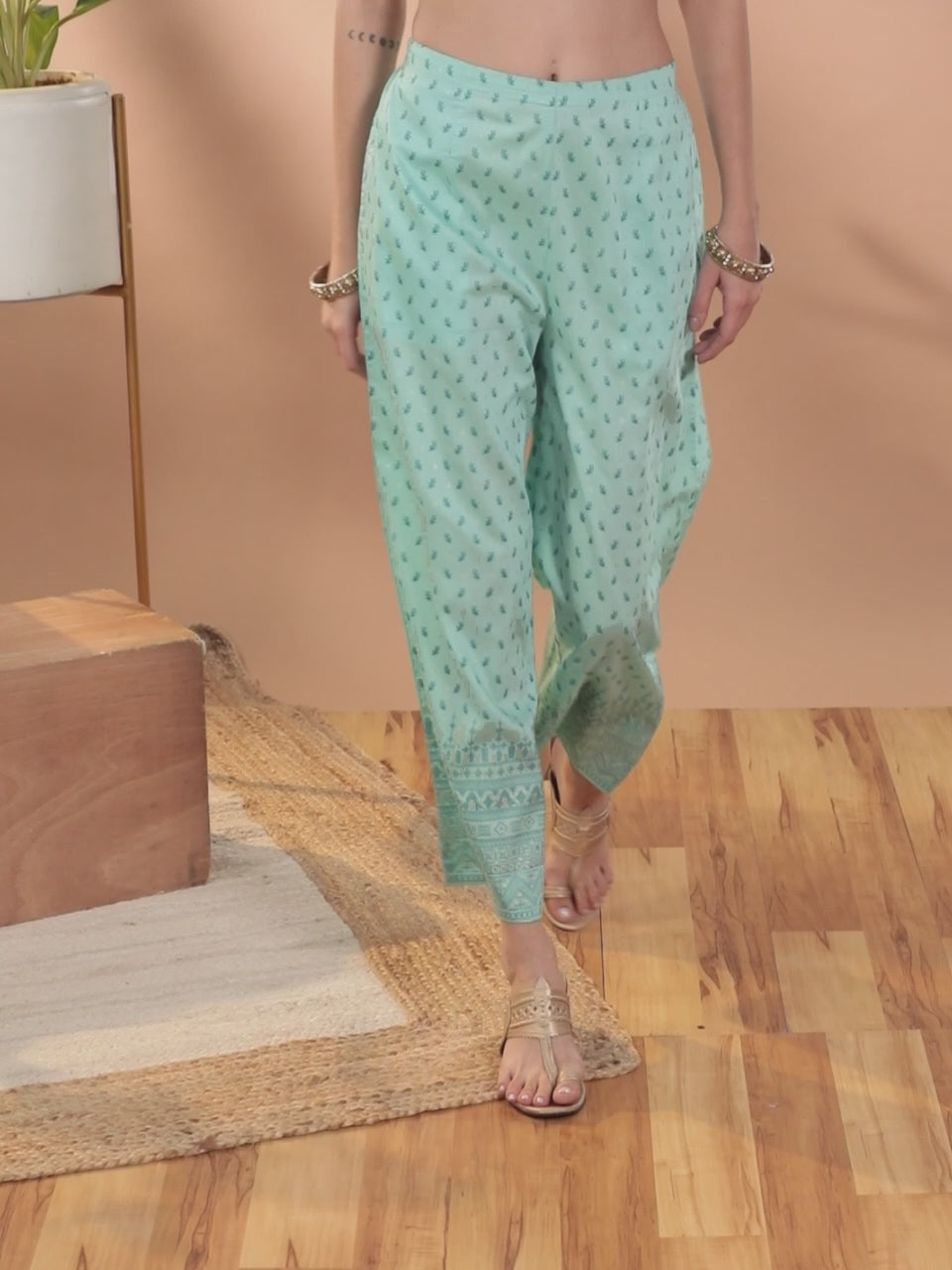  Blue Printed Silk Palazzos 