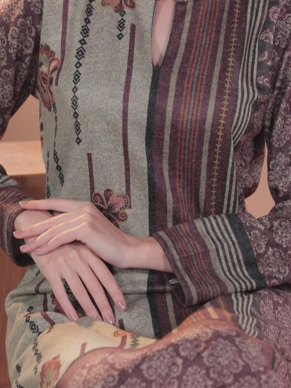 Multicoloured Printed Wool Straight Kurta With Trousers & Dupatta