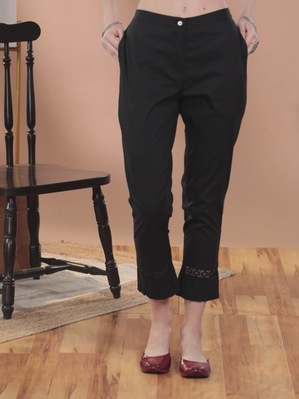  Black Solid Cotton Trousers 