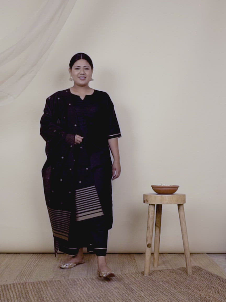  Plus Size Black Solid Cotton Straight Kurta With Palazzos & Dupatta 