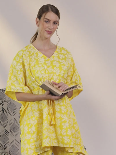Yellow Printed Cotton Night Suit